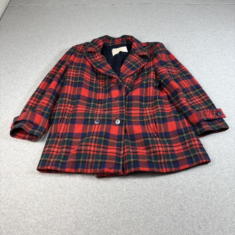 Vintage Pendleton Wool Pea Coat Women 16 Red Plaid Double Breasted Heritage 70s